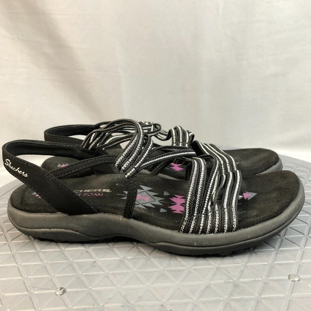 Skechers Reggae Sandals Womens Size 7 Medium Slim Washable Stretch Slinky Black